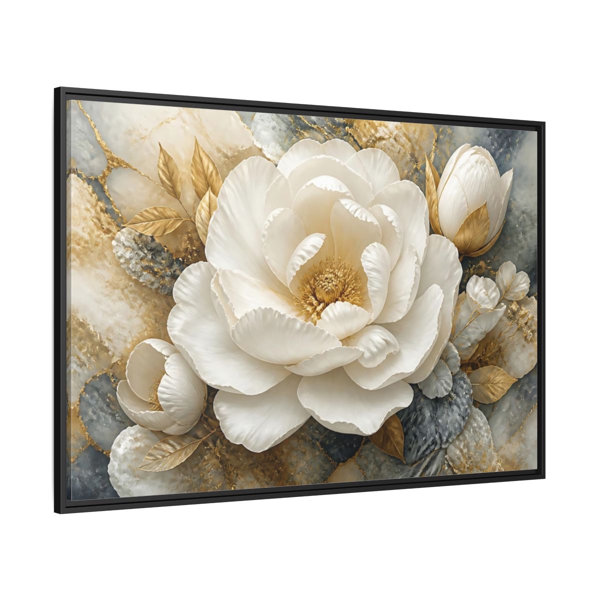 Side Mockup 12. Luxury White Peony Bloom shown as framed canvas print