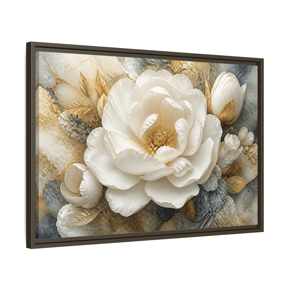 Side Mockup 11. Luxury White Peony Bloom shown as framed canvas print