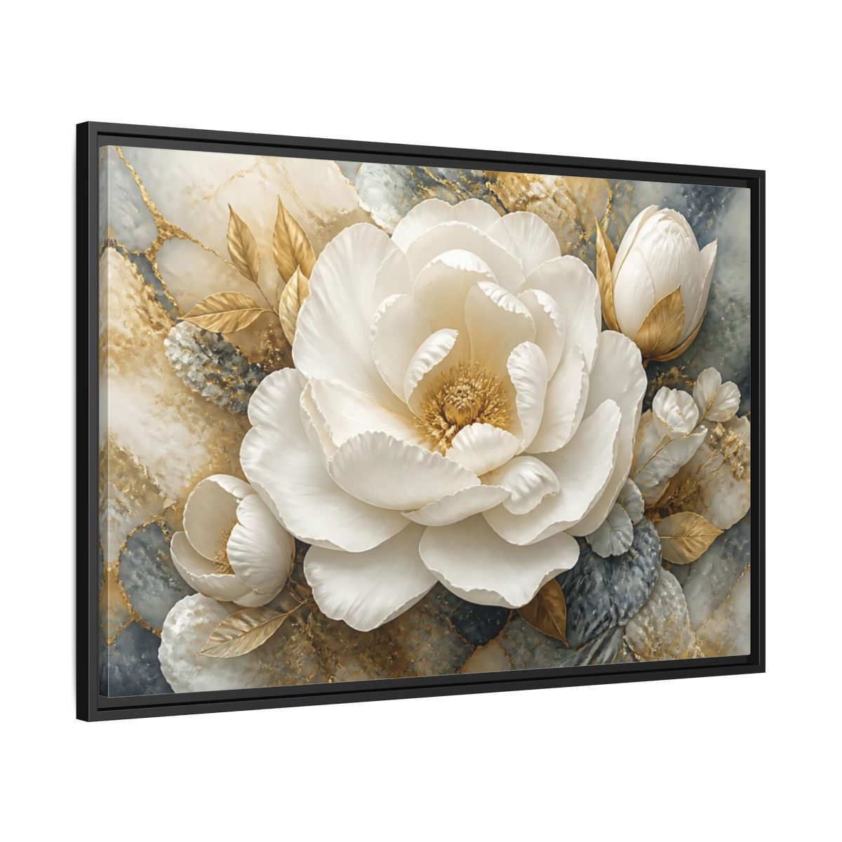 Side Mockup 13. Luxury White Peony Bloom shown as framed canvas print