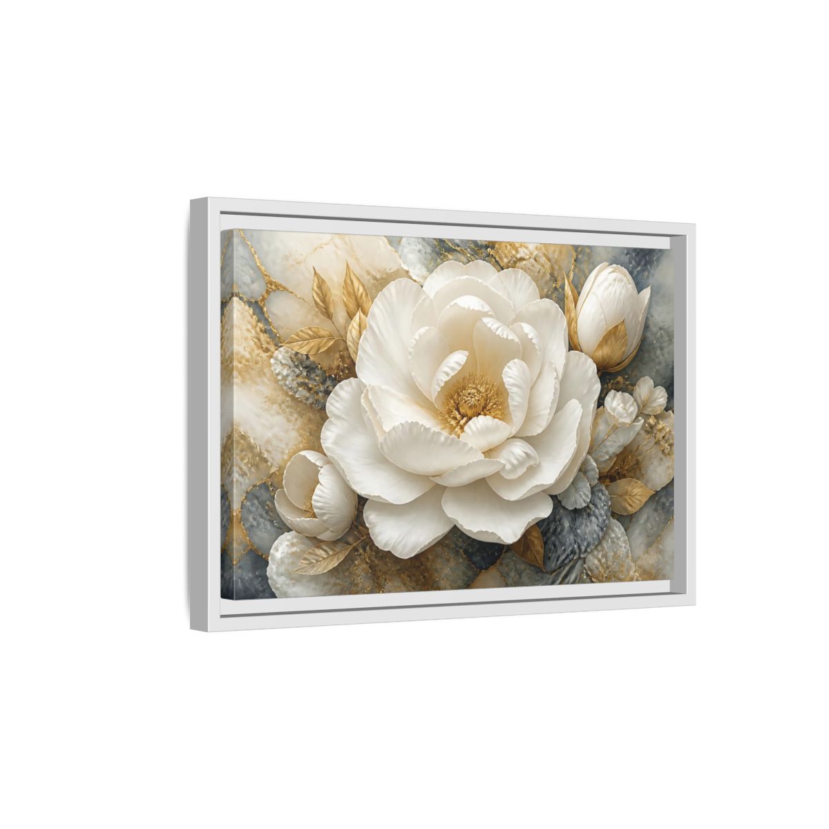 Side Mockup 4. Luxury White Peony Bloom shown as framed canvas print
