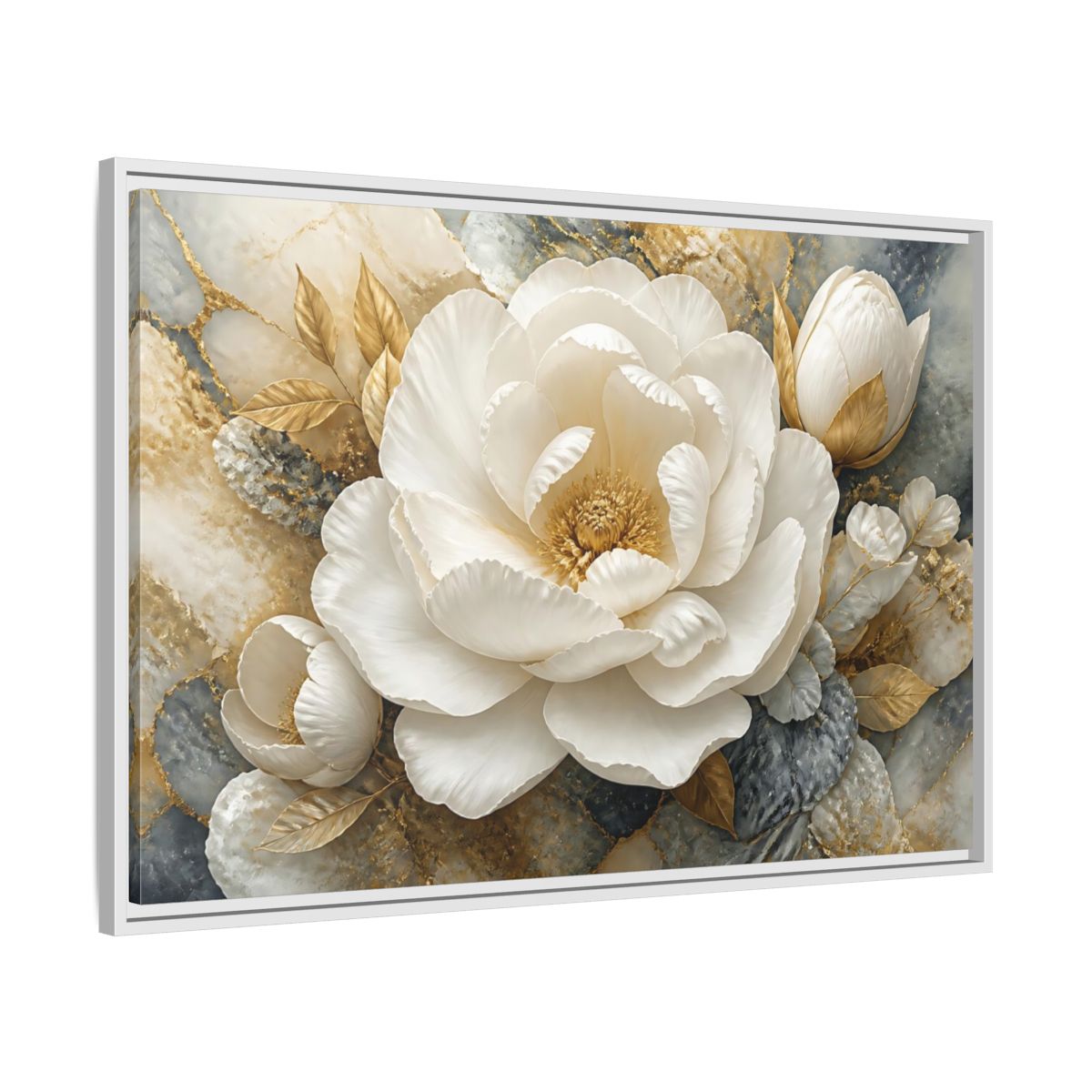 Side Mockup 9. Luxury White Peony Bloom shown as framed canvas print