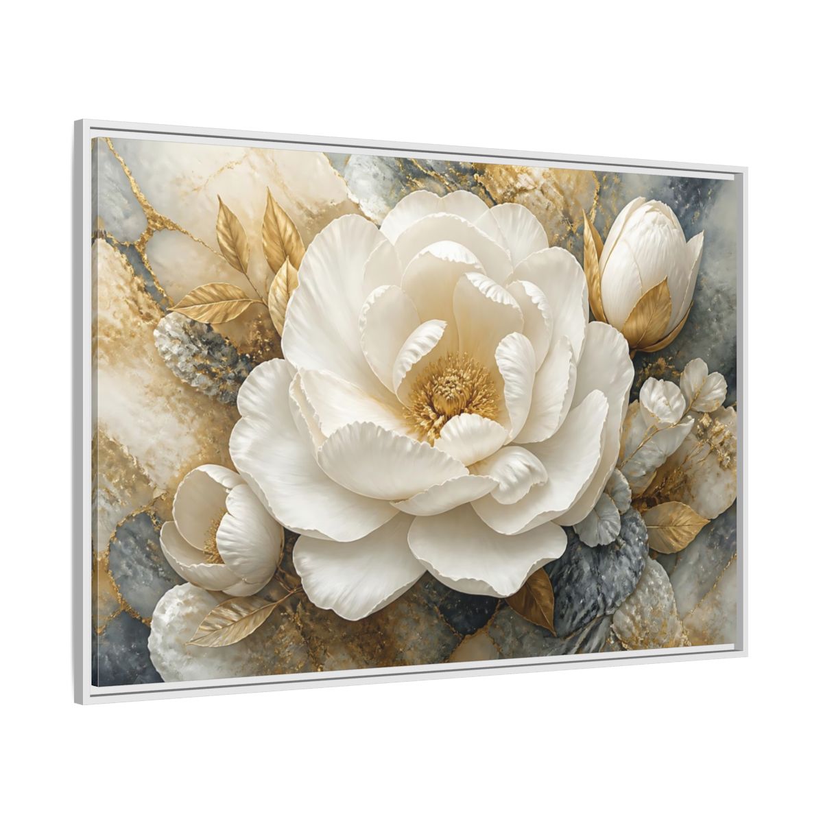 Side Mockup 7. Luxury White Peony Bloom shown as framed canvas print