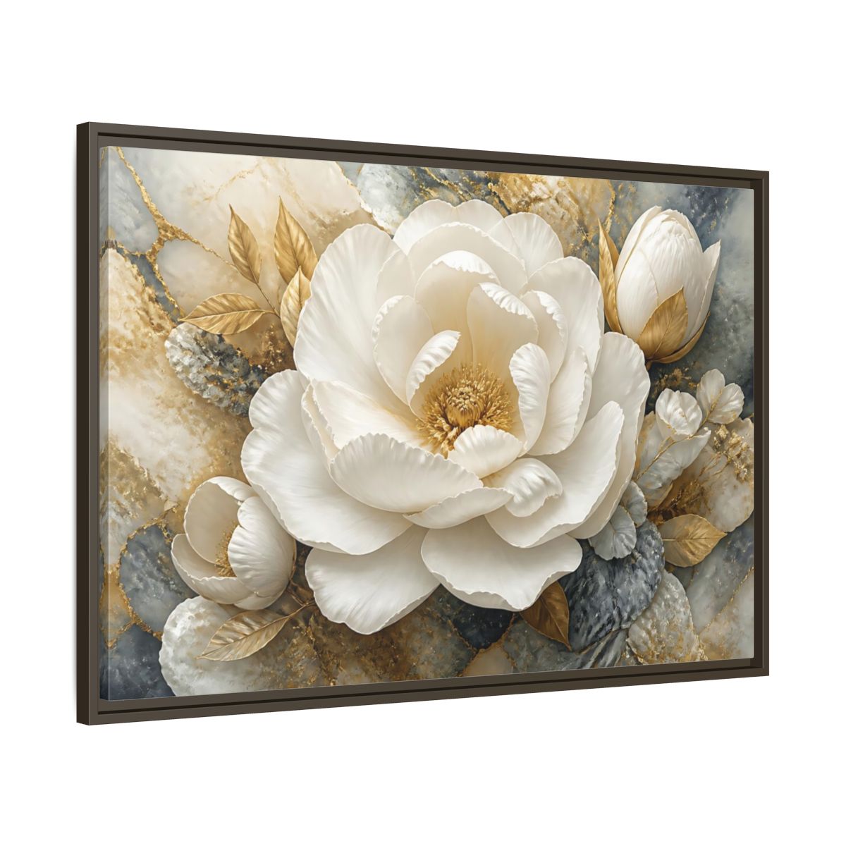 Main Mockup. Luxury White Peony Bloom shown as framed canvas print
