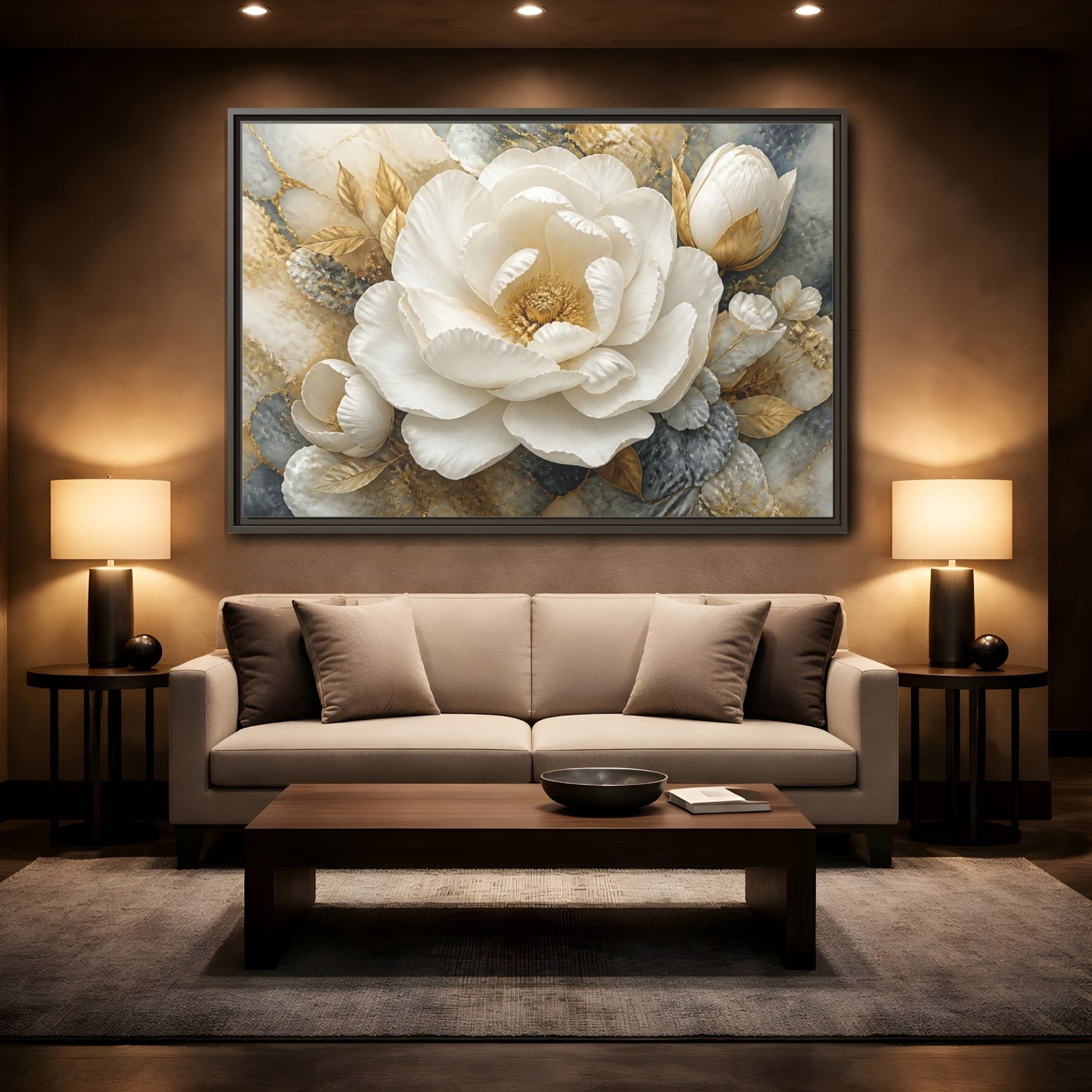 Mockup 2. Luxury White Peony Bloom shown as framed canvas print