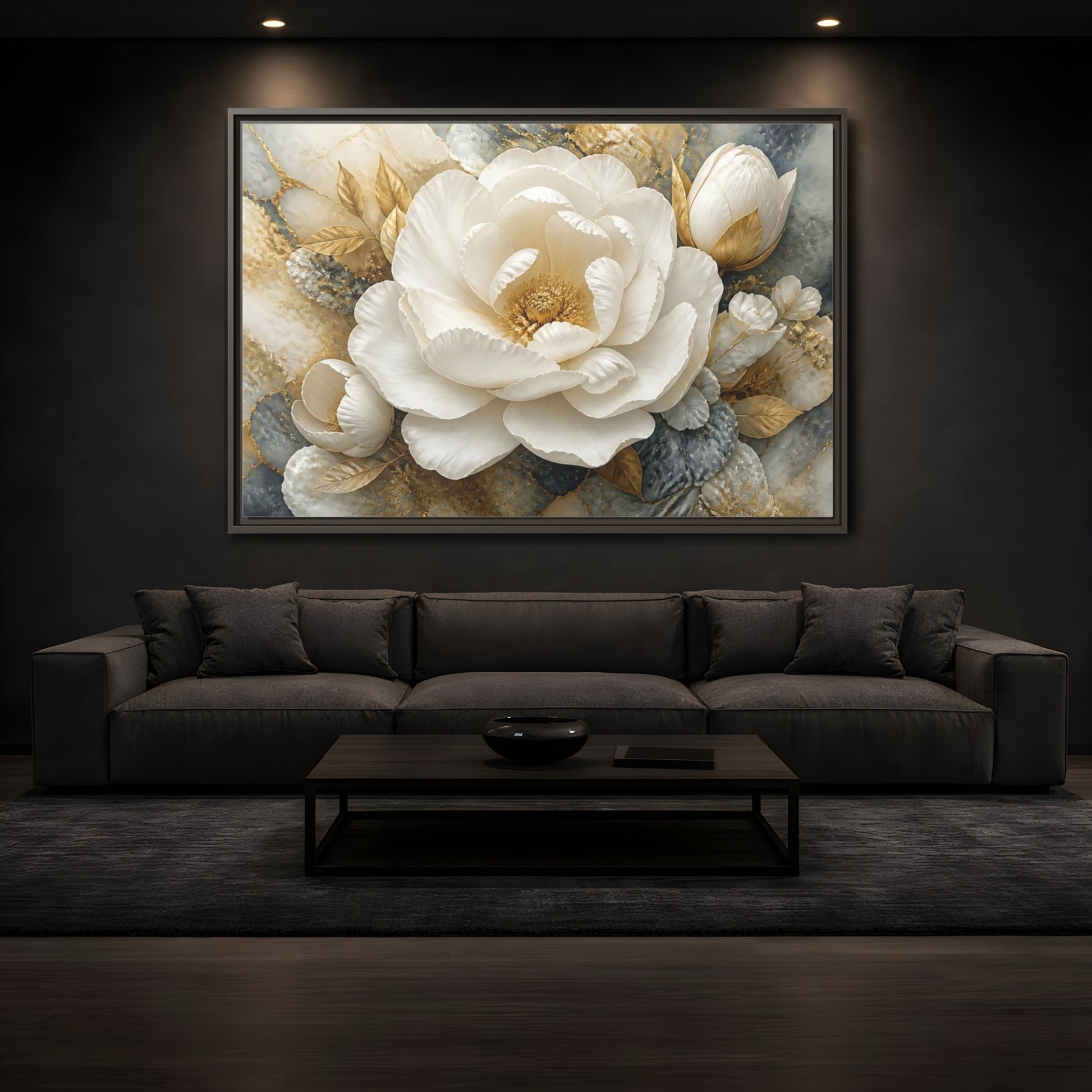 Mockup 3. Luxury White Peony Bloom shown as framed canvas print