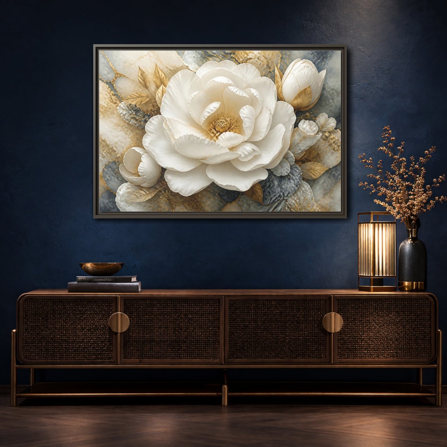 Mockup 4. Luxury White Peony Bloom shown as framed canvas print