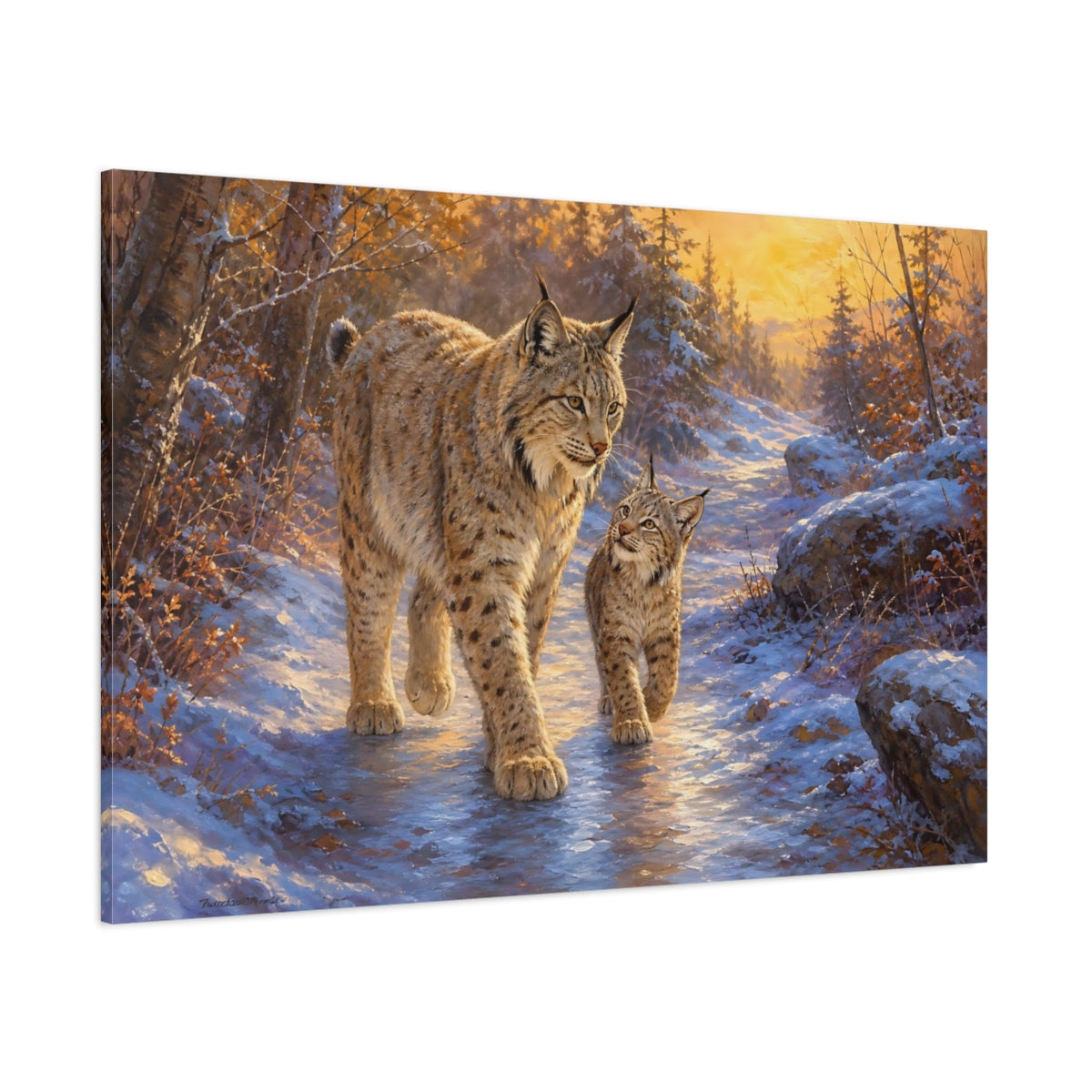 Side Mockup 1. Lynx At Winter Sunrise shown as canvas print
