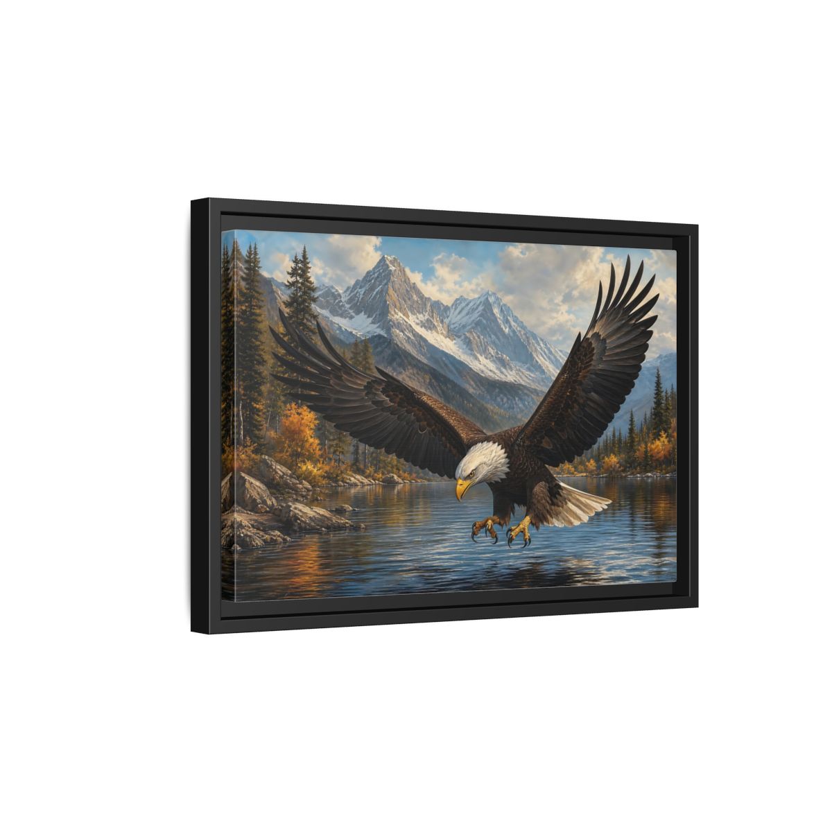 Side Mockup 6. Majestic Bald Eagle Over Lake shown as framed canvas print