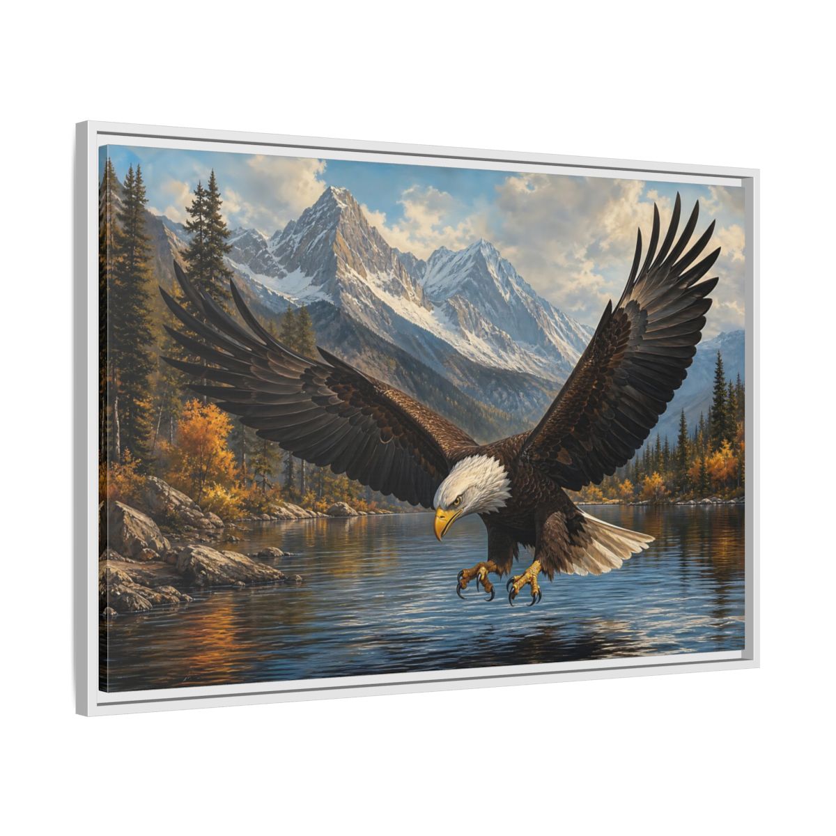 Side Mockup 9. Majestic Bald Eagle Over Lake shown as framed canvas print