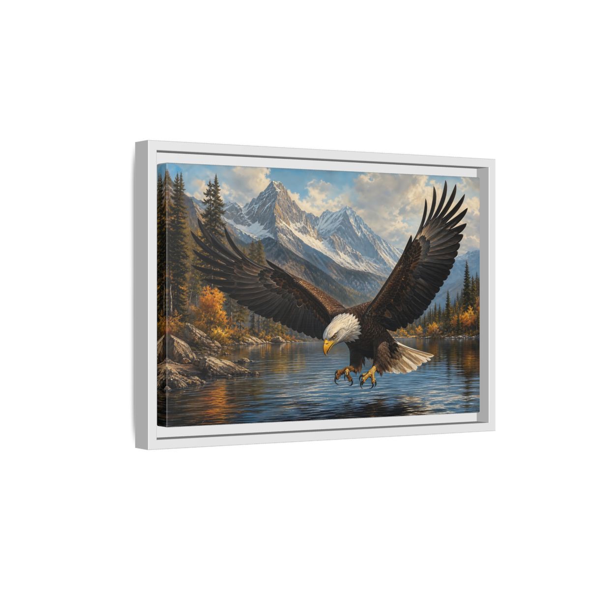 Side Mockup 4. Majestic Bald Eagle Over Lake shown as framed canvas print