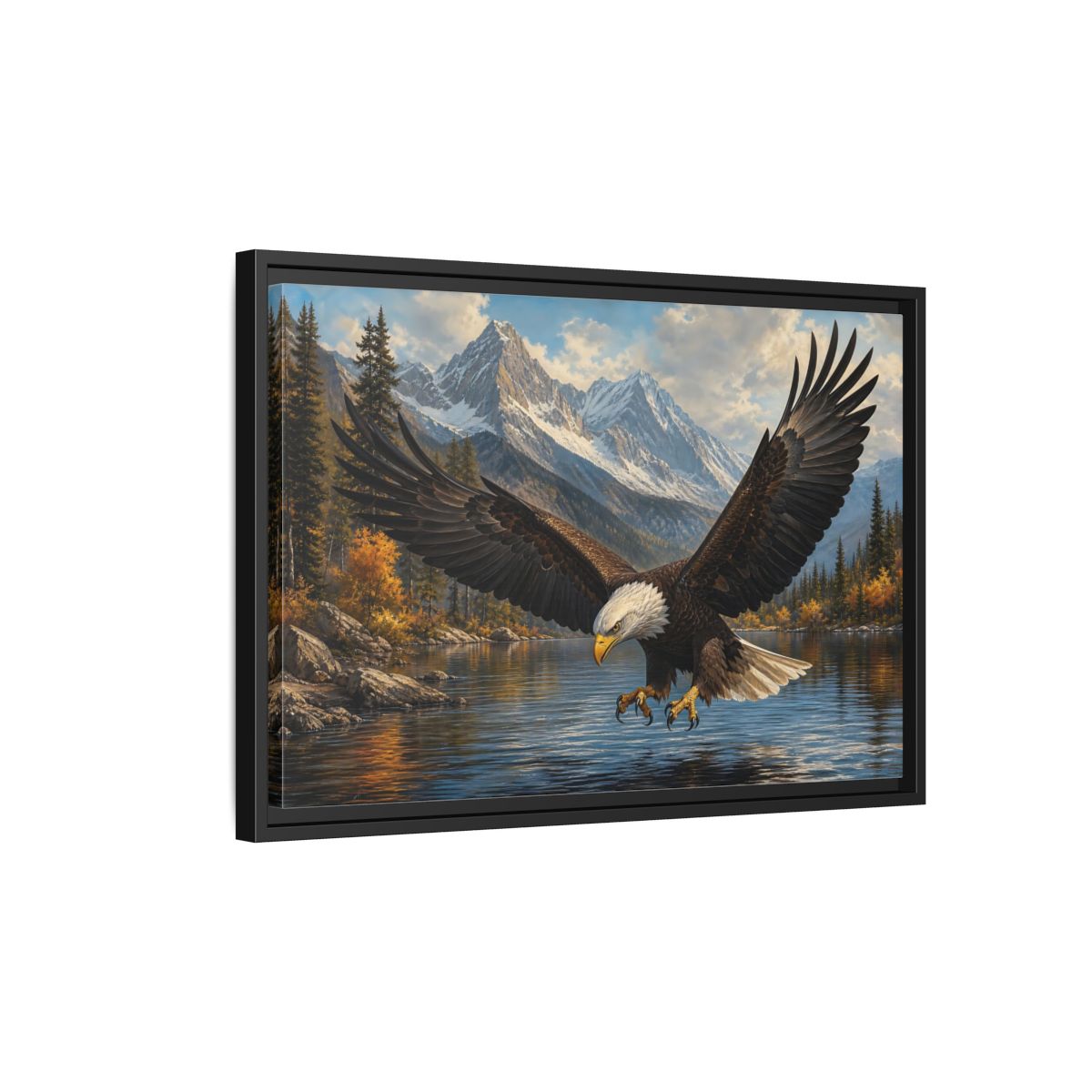 Side Mockup 3. Majestic Bald Eagle Over Lake shown as framed canvas print
