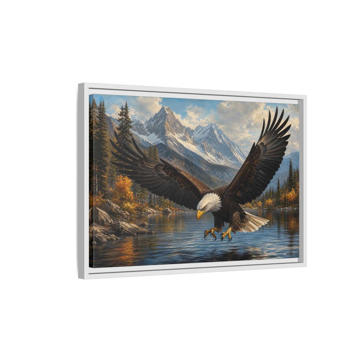Side Mockup 1. Majestic Bald Eagle Over Lake shown as framed canvas print