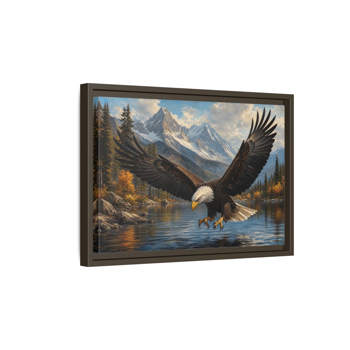 Side Mockup 5. Majestic Bald Eagle Over Lake shown as framed canvas print
