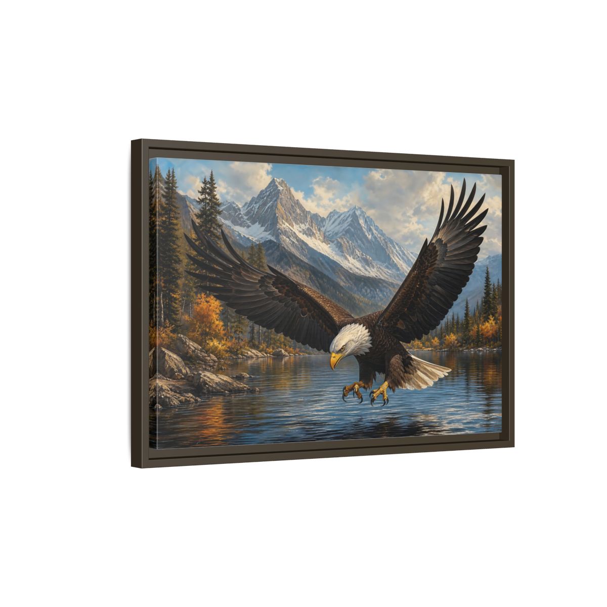 Side Mockup 2. Majestic Bald Eagle Over Lake shown as framed canvas print