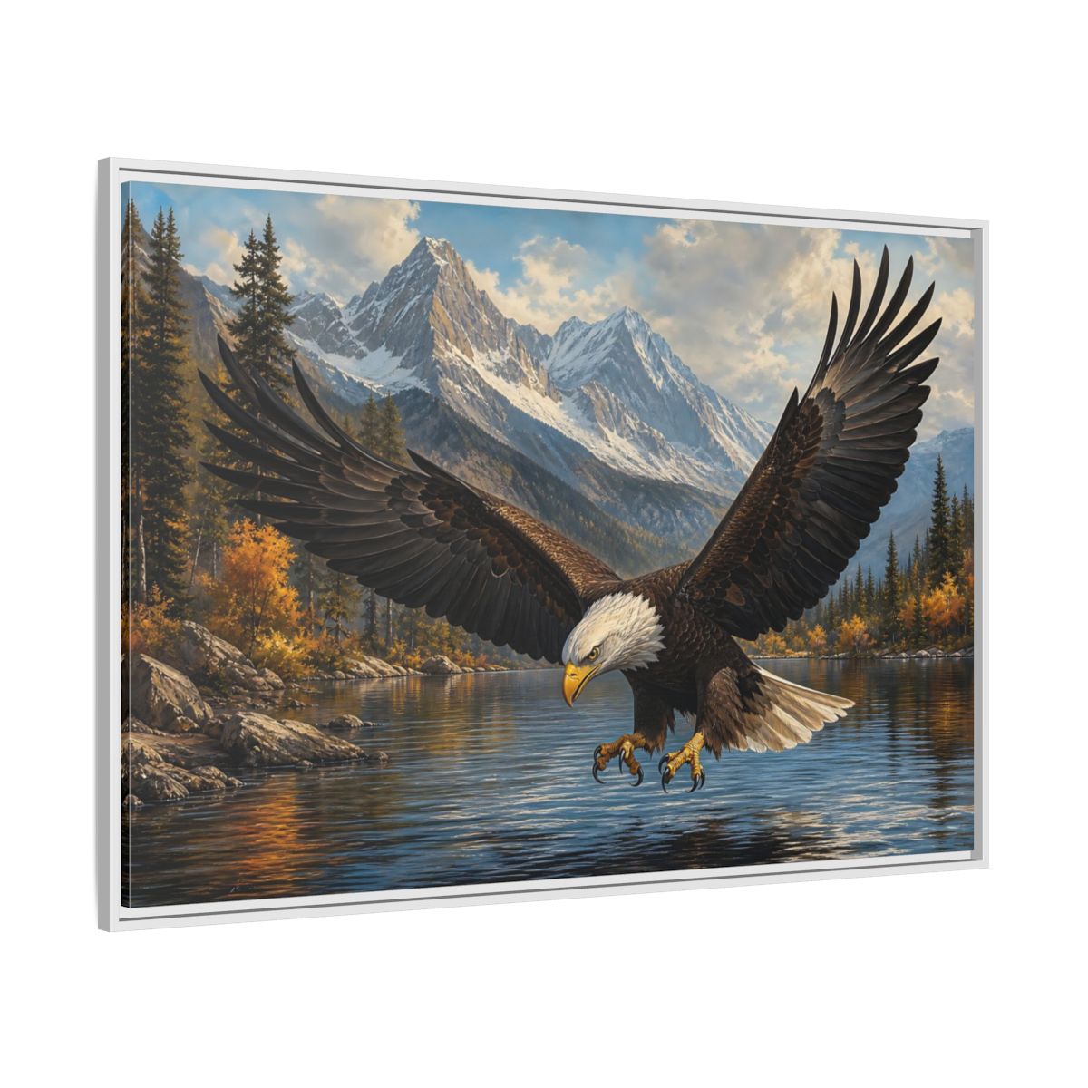 Side Mockup 7. Majestic Bald Eagle Over Lake shown as framed canvas print