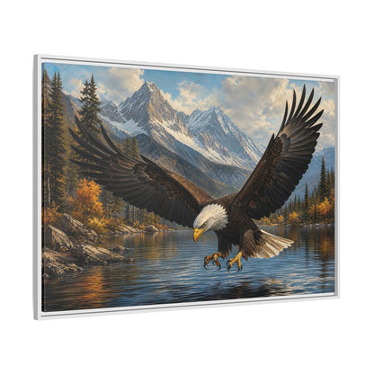 Side Mockup 7. Majestic Bald Eagle Over Lake shown as framed canvas print