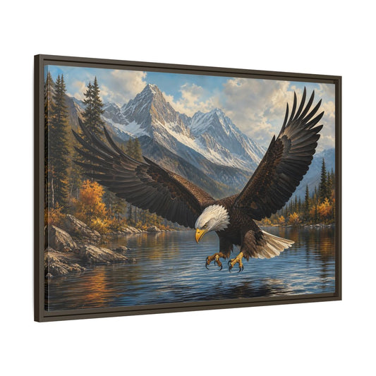 Main Mockup. Majestic Bald Eagle Over Lake shown as framed canvas print