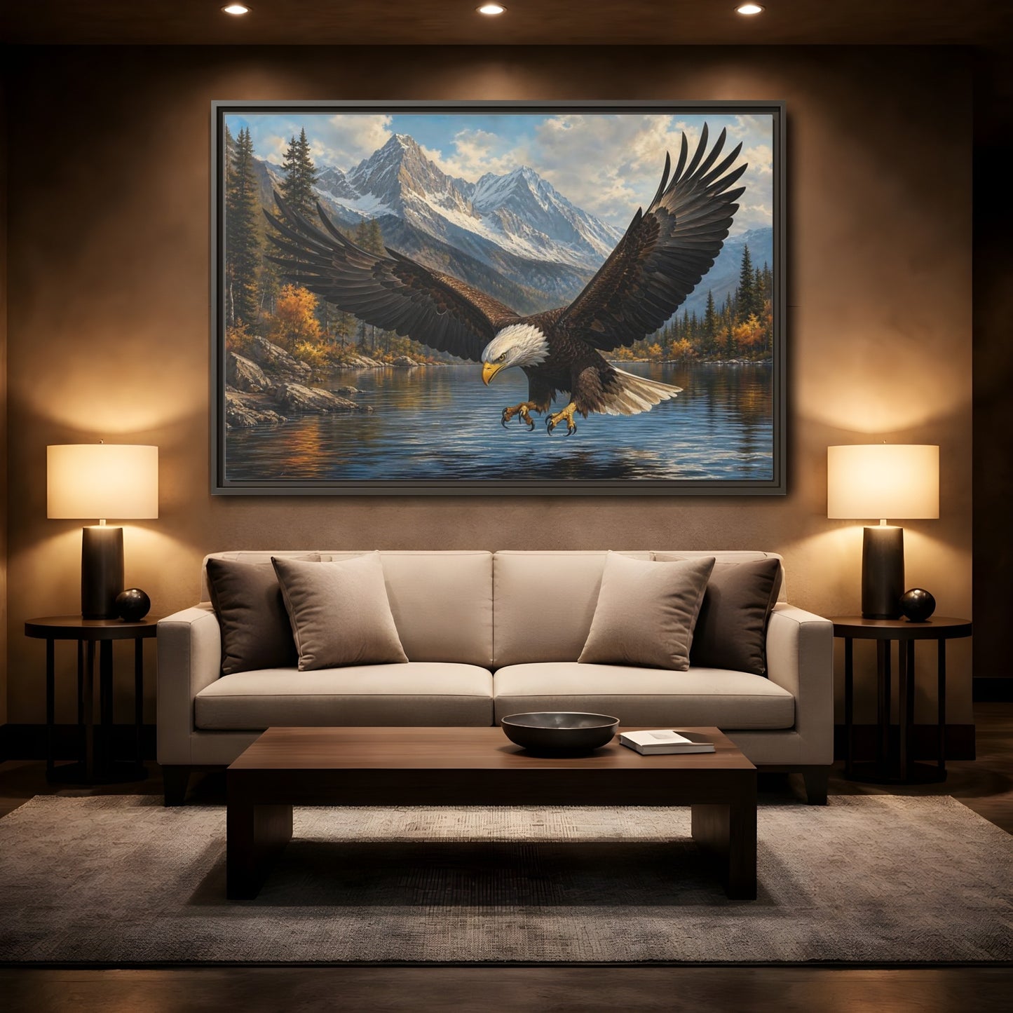 Mockup 2. Majestic Bald Eagle Over Lake shown as framed canvas print