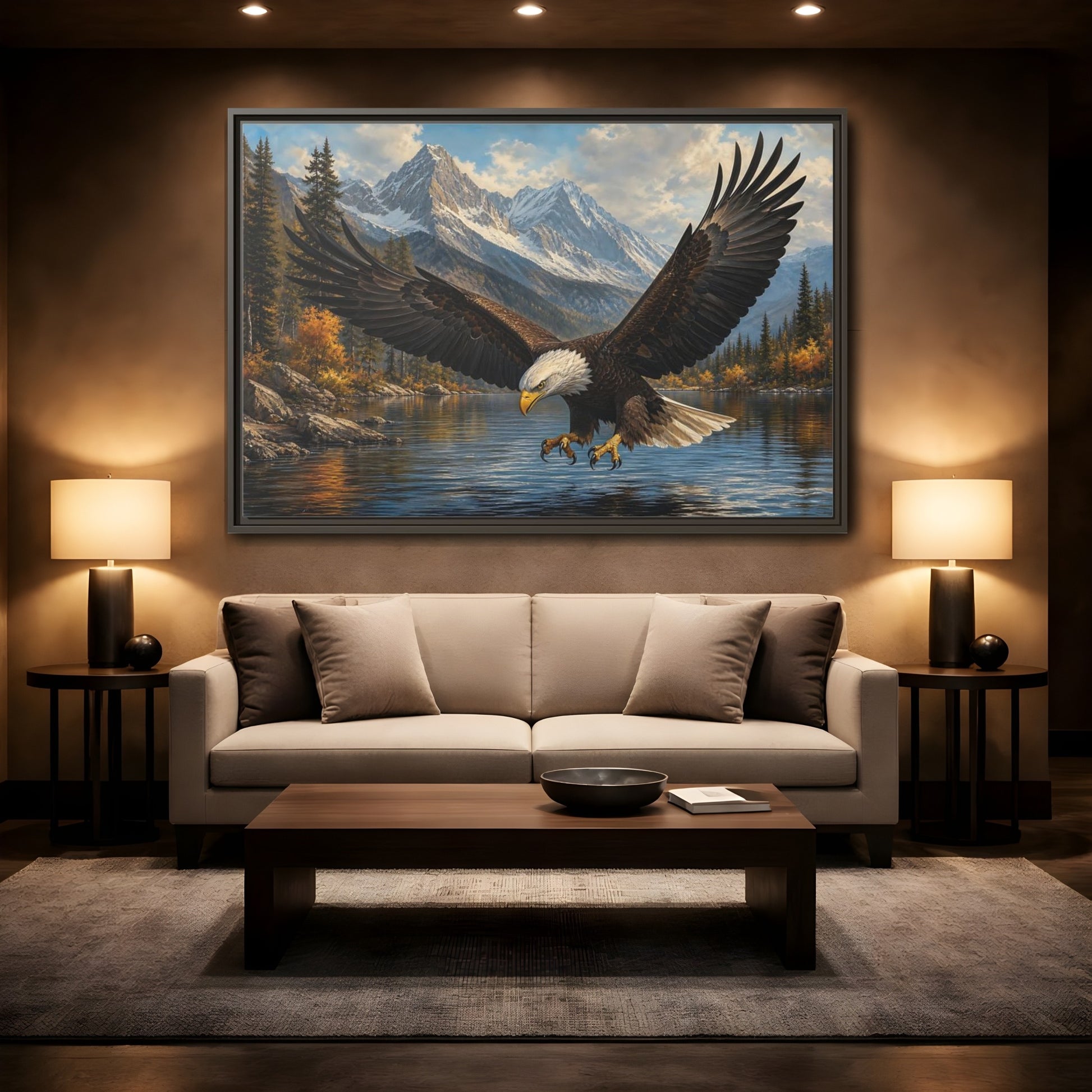 Mockup 2. Majestic Bald Eagle Over Lake shown as framed canvas print