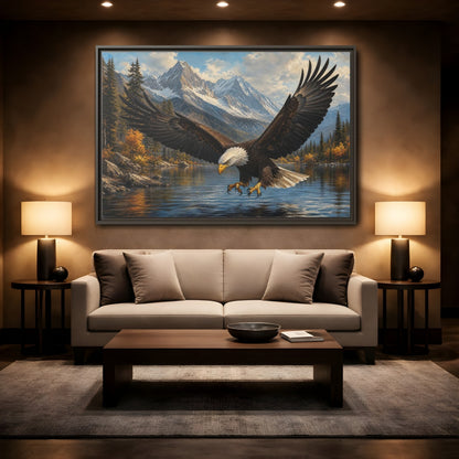 Mockup 2. Majestic Bald Eagle Over Lake shown as framed canvas print