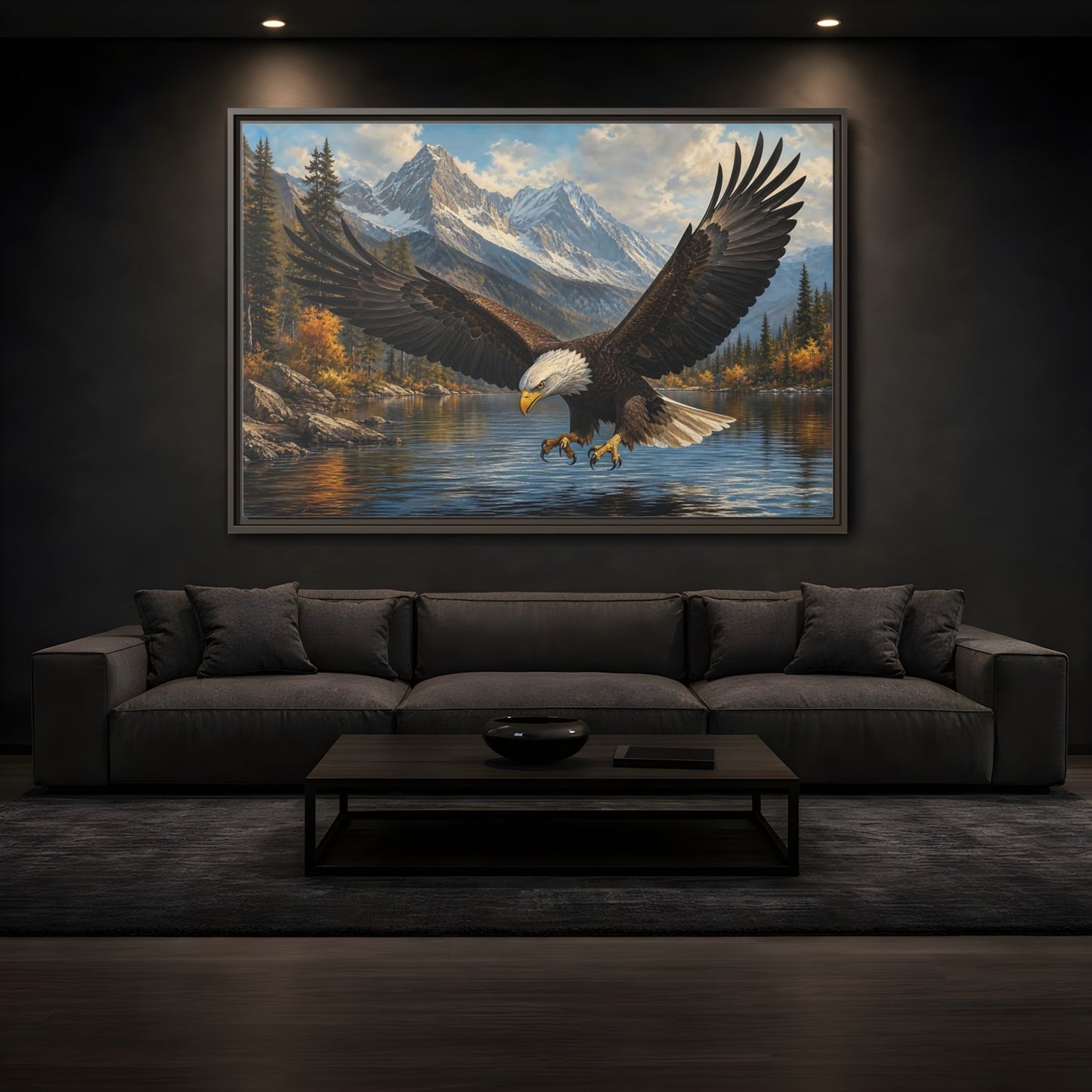 Mockup 3. Majestic Bald Eagle Over Lake shown as framed canvas print