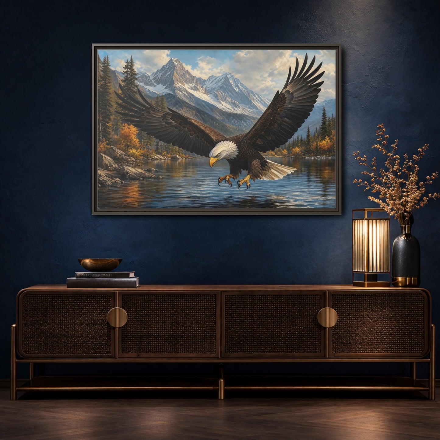 Mockup 4. Majestic Bald Eagle Over Lake shown as framed canvas print