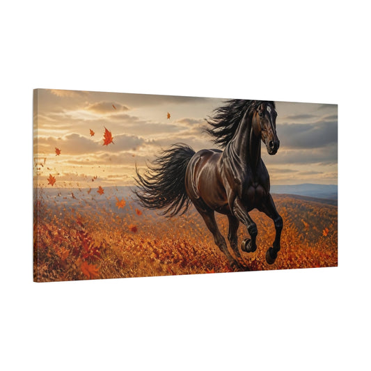 Main Mockup. Majestic Black Stallion In Autumn shown as canvas print