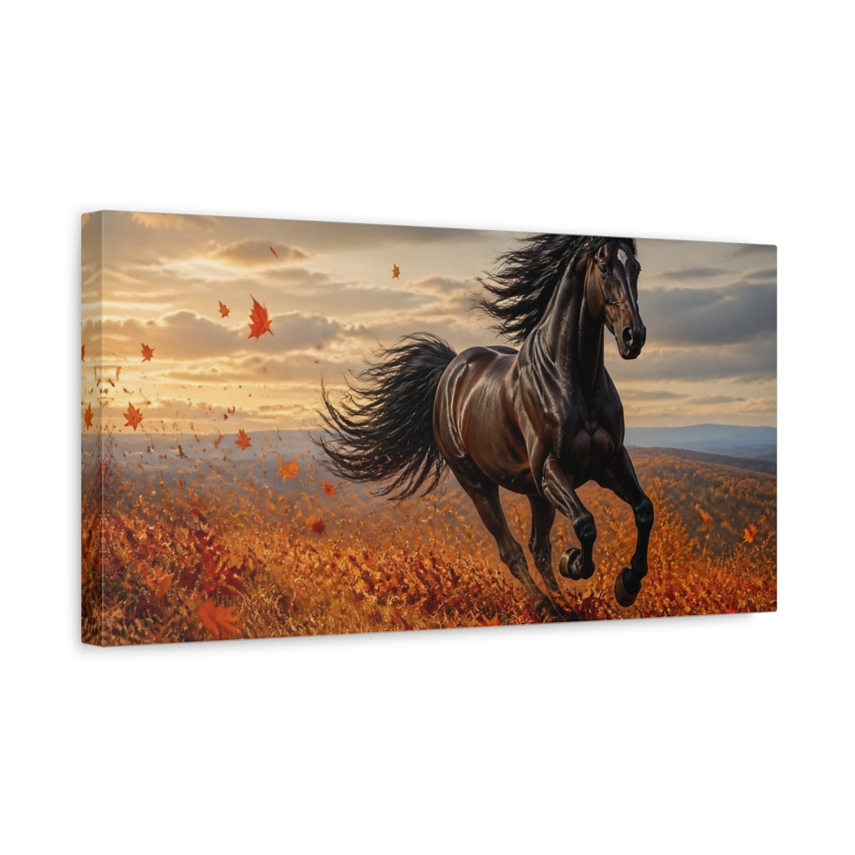 Side Mockup 3. Majestic Black Stallion In Autumn shown as canvas print