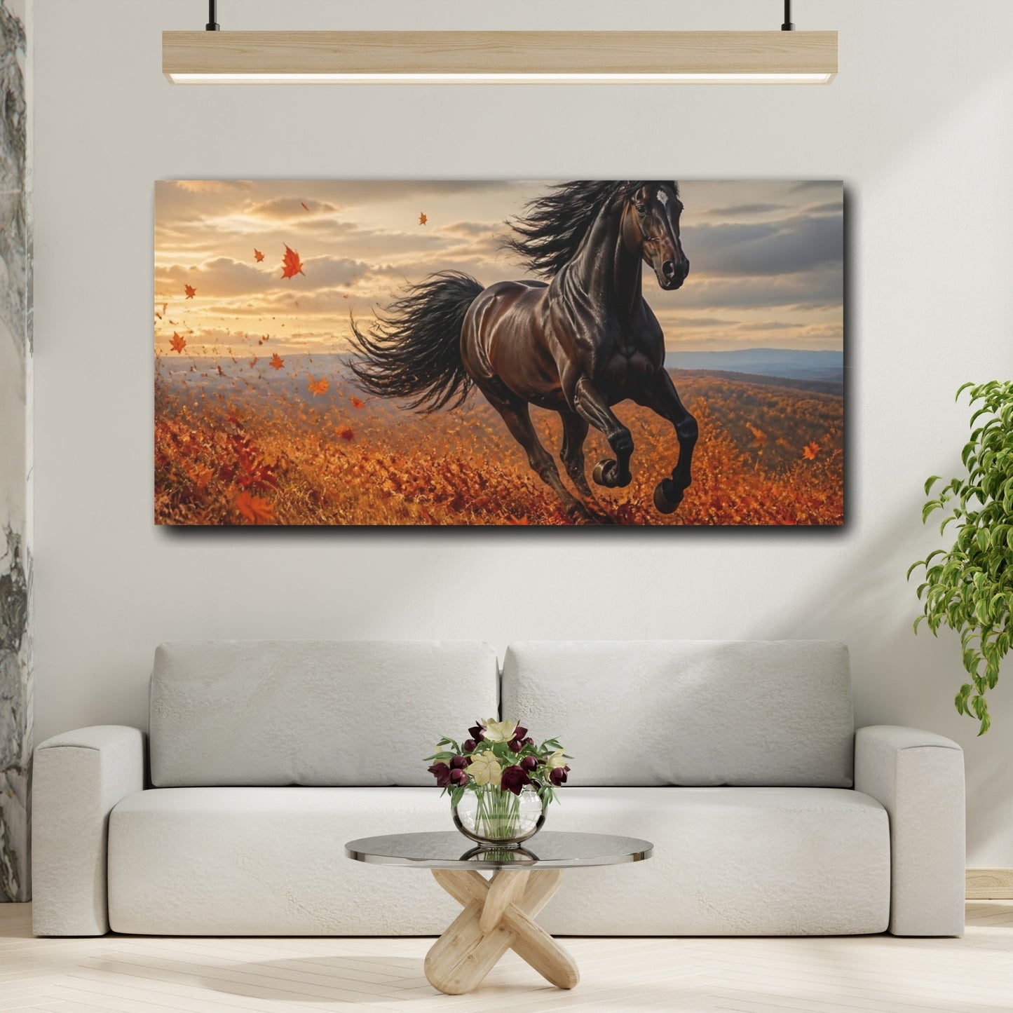Mockup 2. Majestic Black Stallion In Autumn shown as canvas print