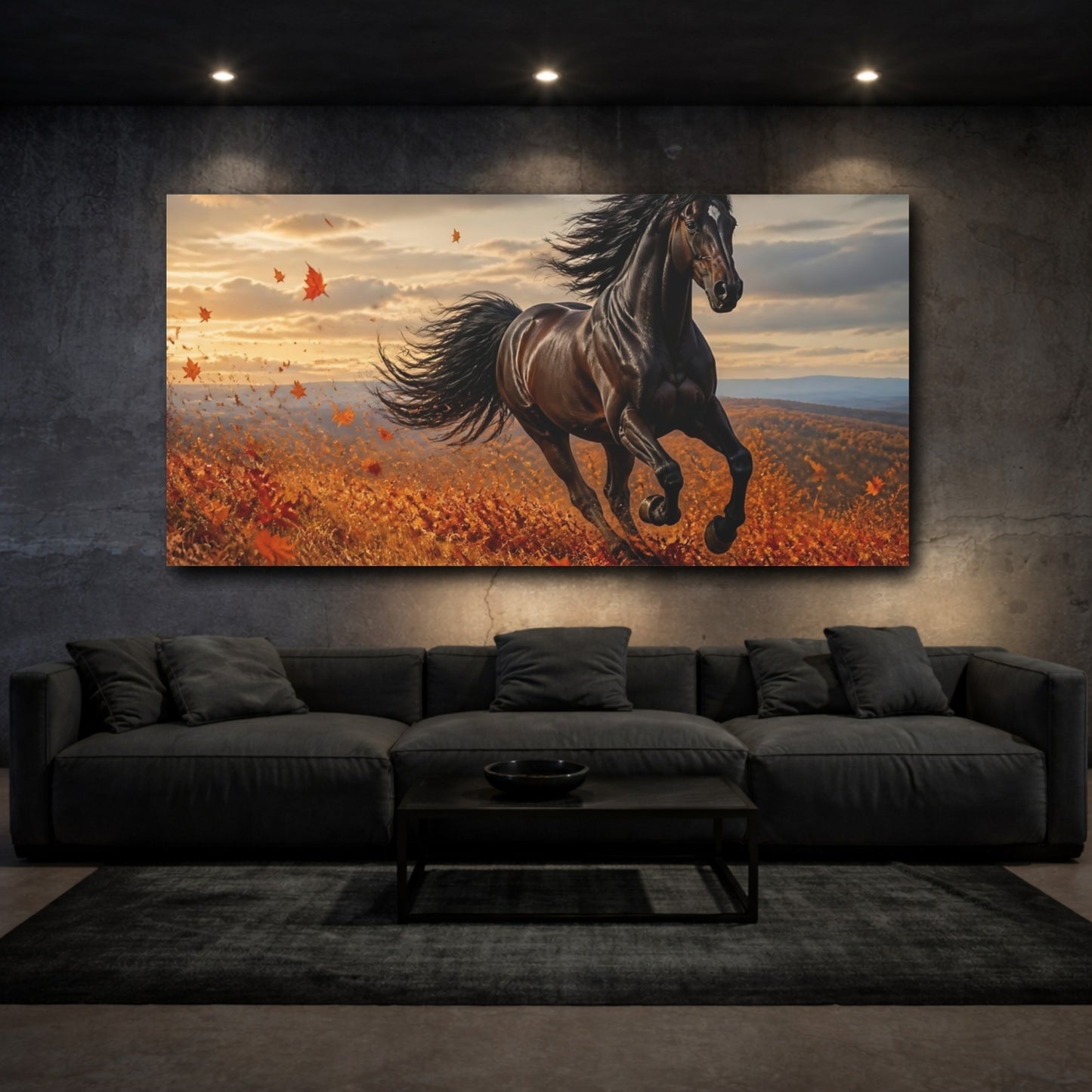 Mockup 3. Majestic Black Stallion In Autumn shown as canvas print