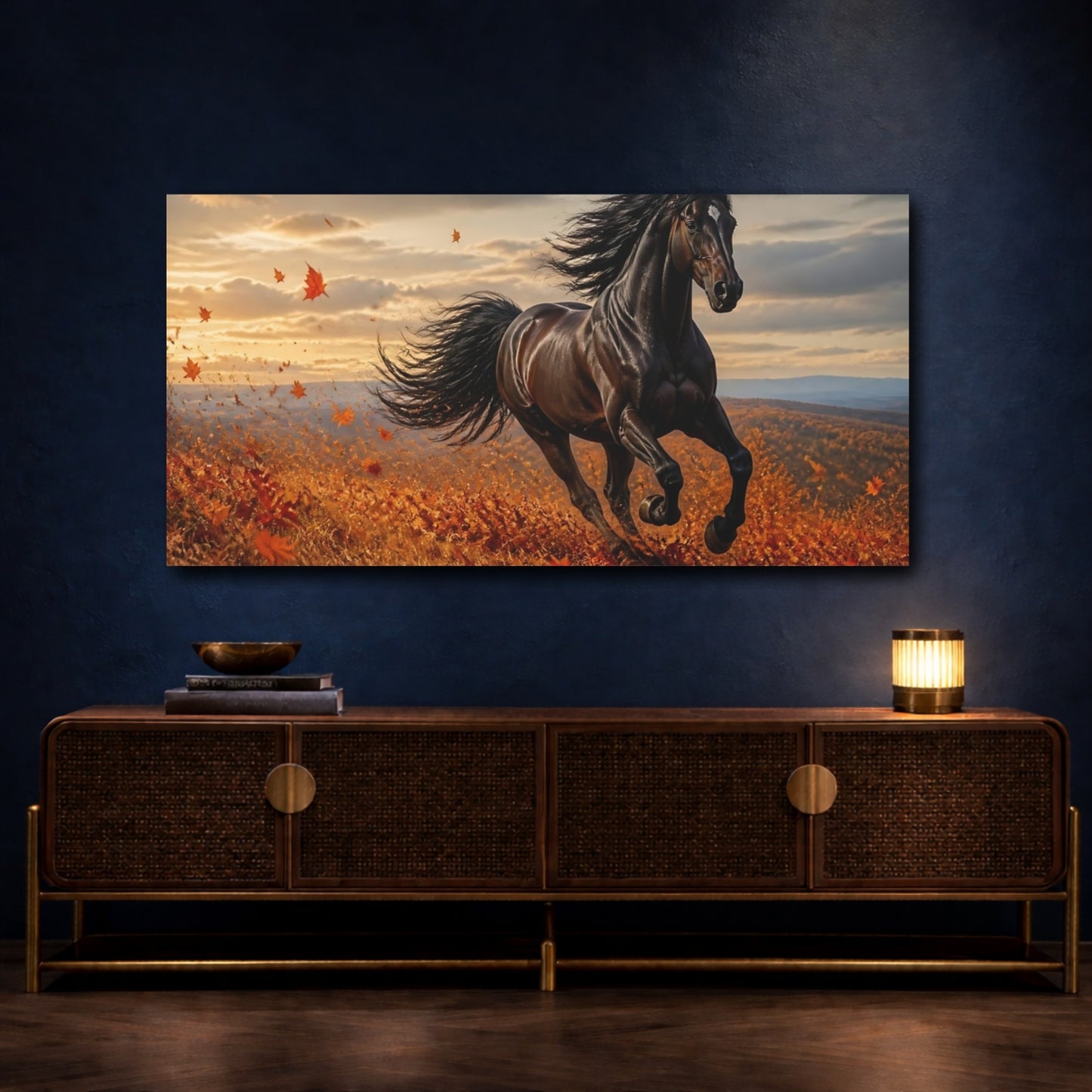 Mockup 4. Majestic Black Stallion In Autumn shown as canvas print