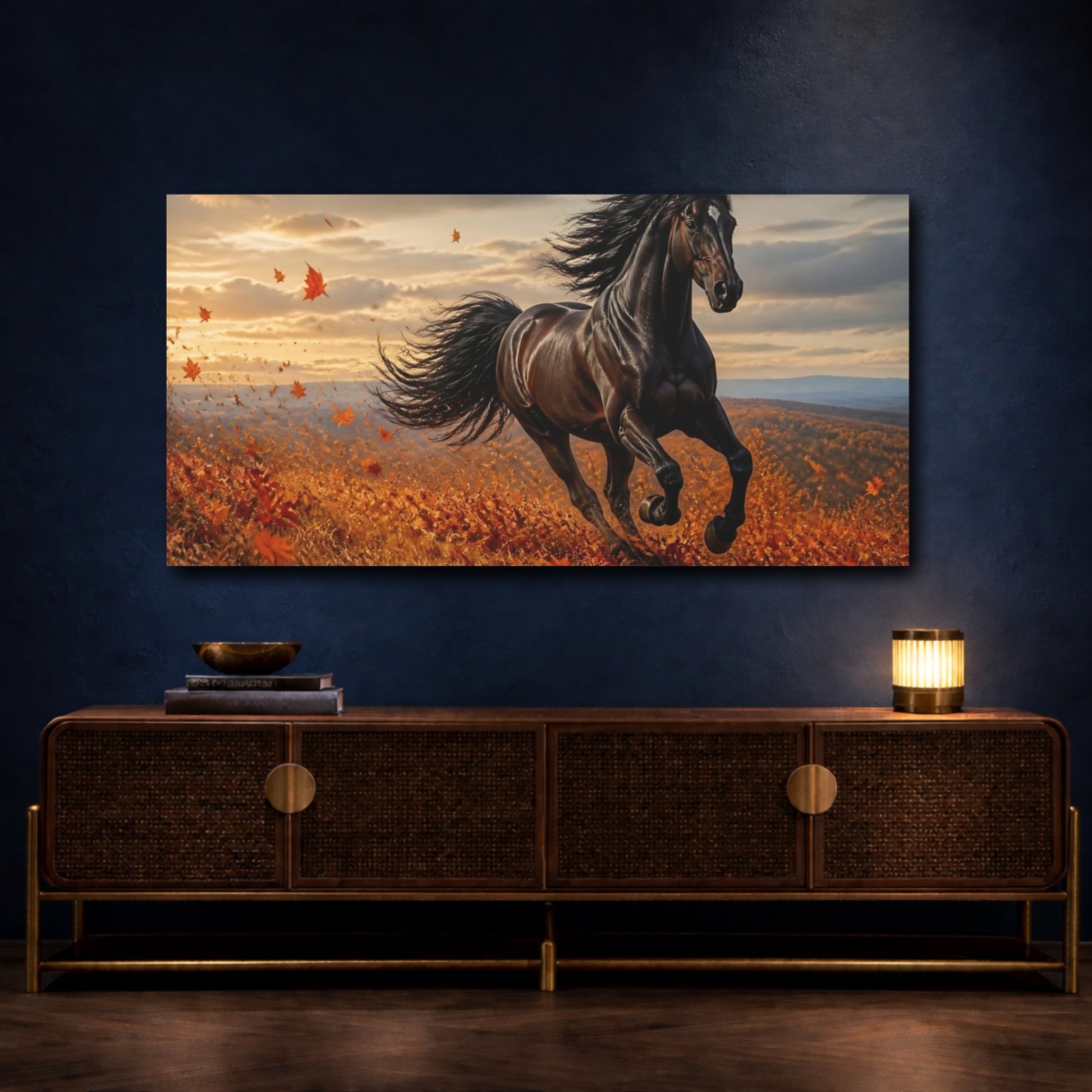 Mockup 4. Majestic Black Stallion In Autumn shown as canvas print