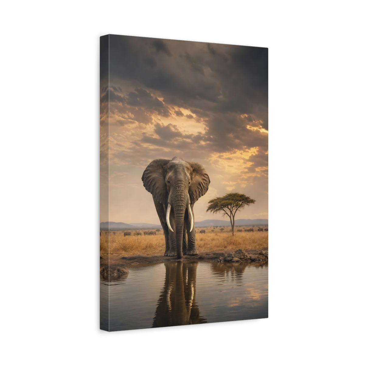 Side Mockup 4. Majestic Elephant At Waterhole shown as canvas print