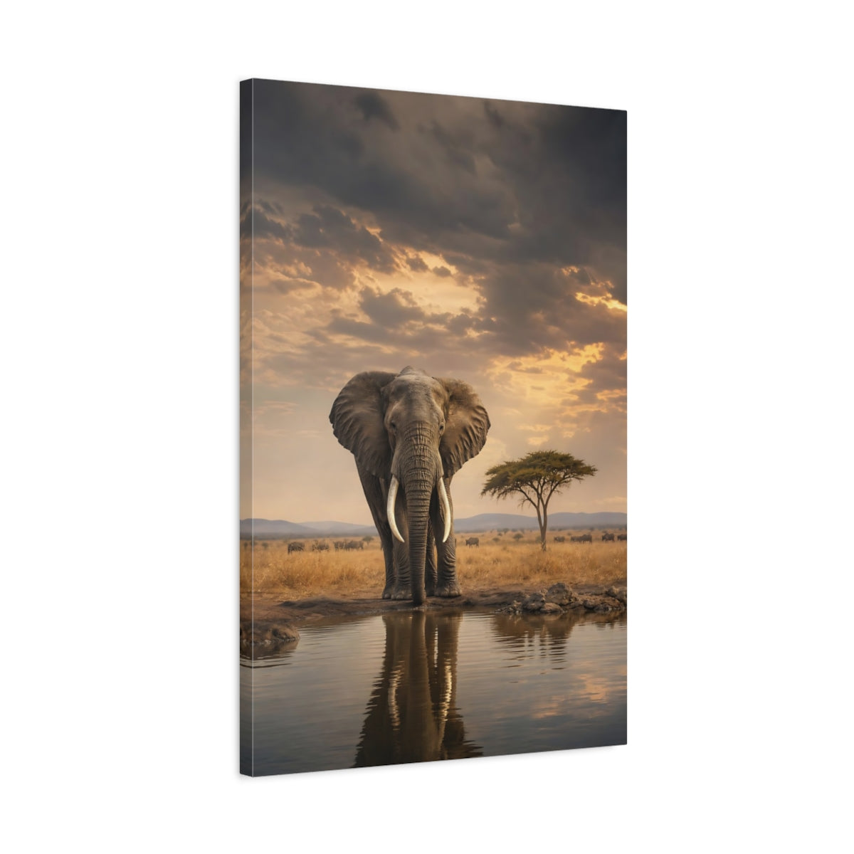 Side Mockup 2. Majestic Elephant At Waterhole shown as canvas print