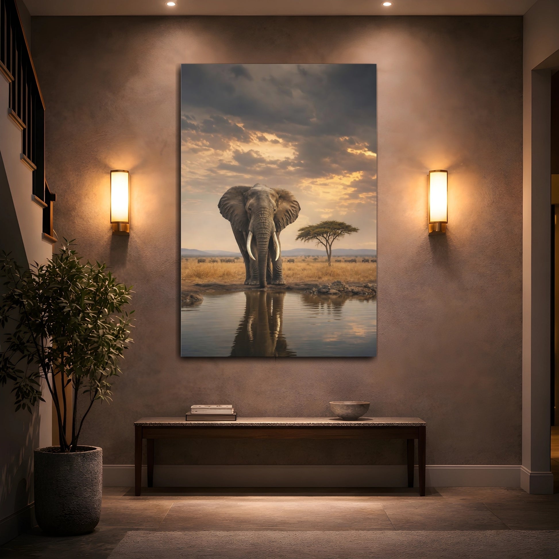 Mockup 2. Majestic Elephant At Waterhole shown as canvas print
