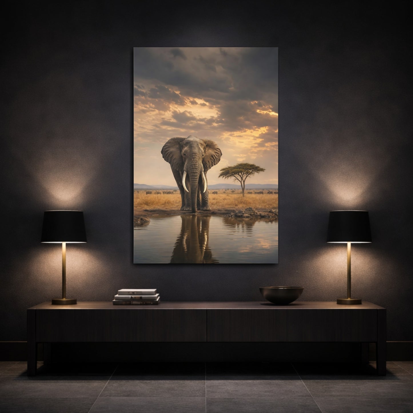 Mockup 3. Majestic Elephant At Waterhole shown as canvas print
