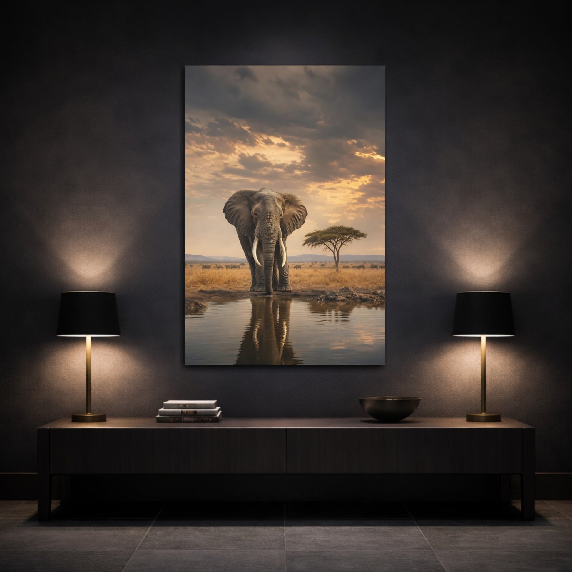 Mockup 3. Majestic Elephant At Waterhole shown as canvas print