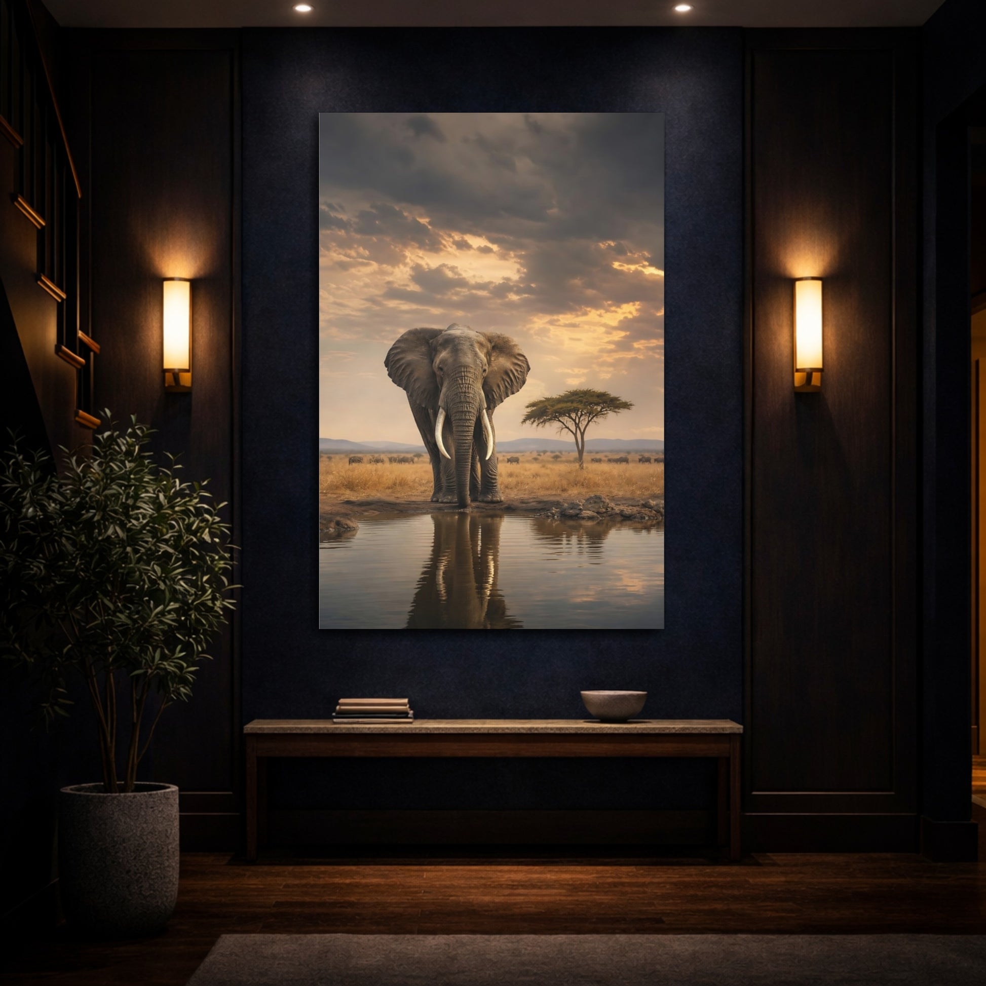Mockup 4. Majestic Elephant At Waterhole shown as canvas print