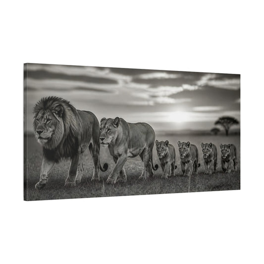 Main Mockup. Majestic Lion Pride At Dusk shown as canvas print