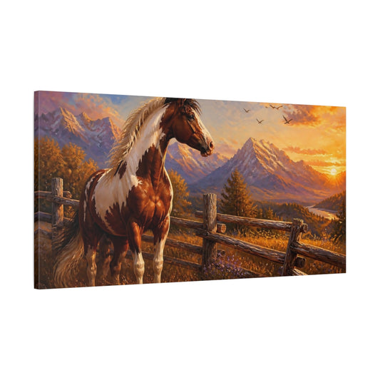 Main Mockup. Majestic Pinto At Sunset shown as canvas print