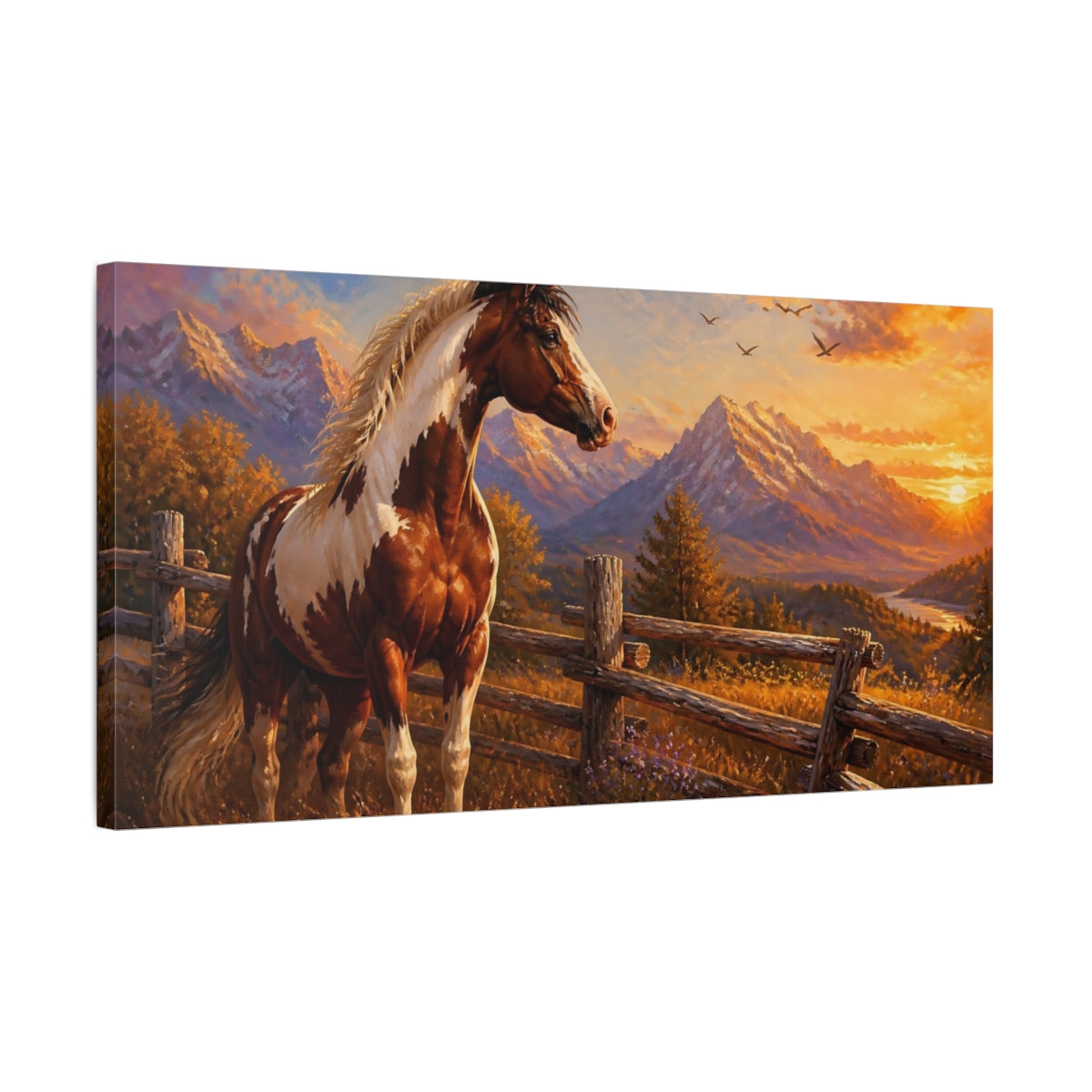 Side Mockup 1. Majestic Pinto At Sunset shown as canvas print