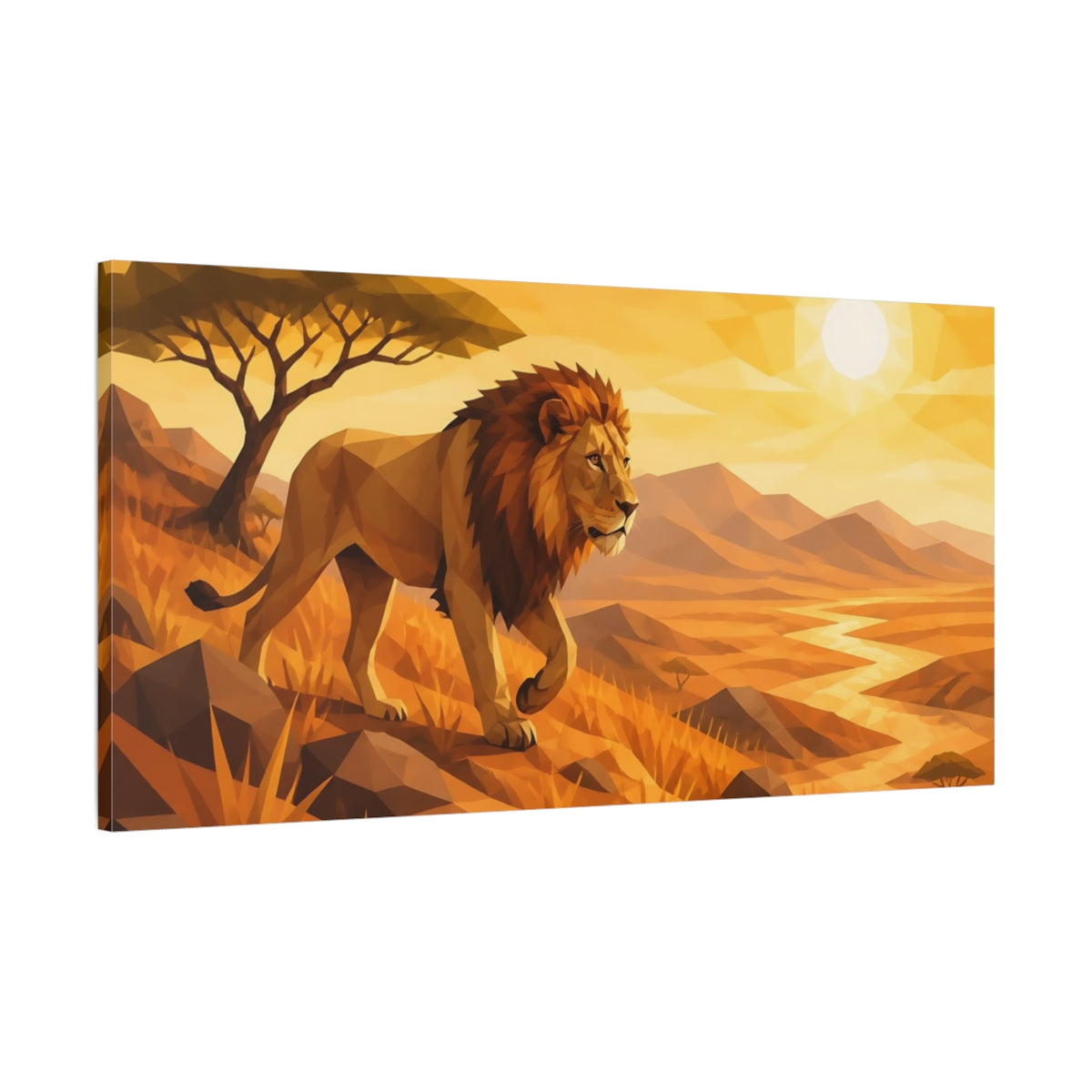 Main Mockup. Majestic Savanna Lion shown as canvas print