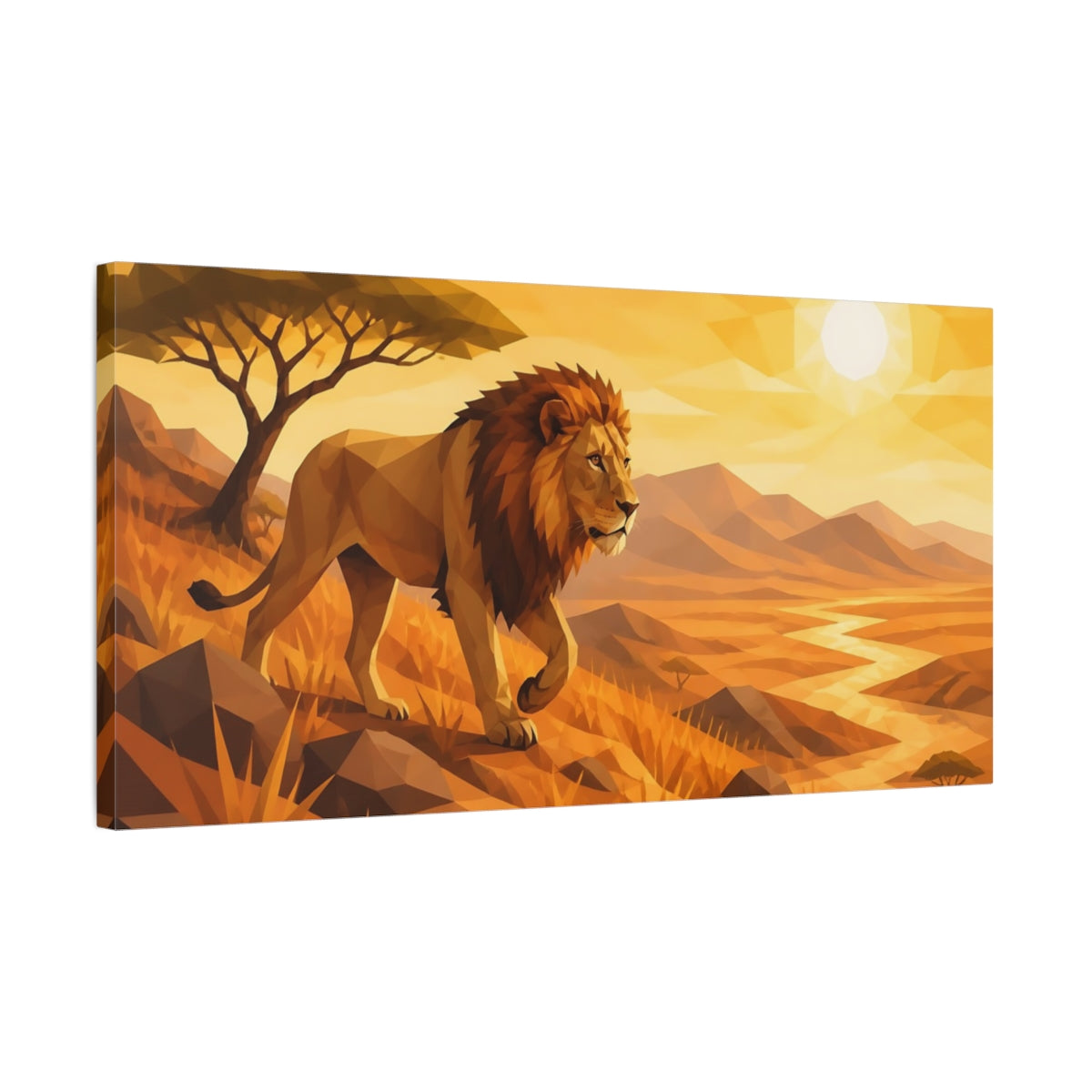 Side Mockup 1. Majestic Savanna Lion shown as canvas print