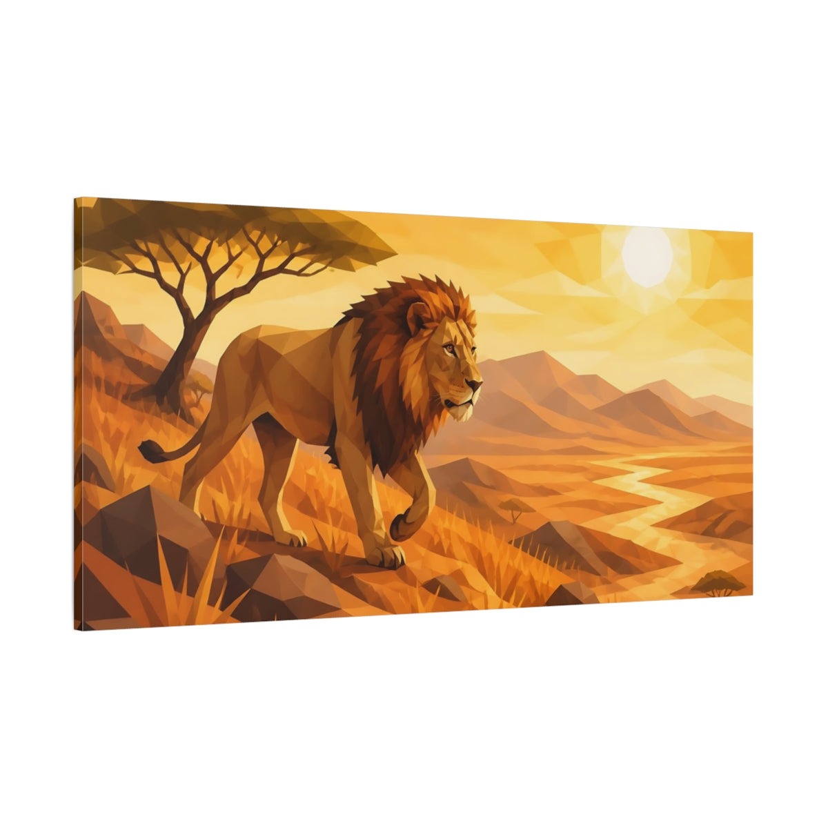Side Mockup 2. Majestic Savanna Lion shown as canvas print