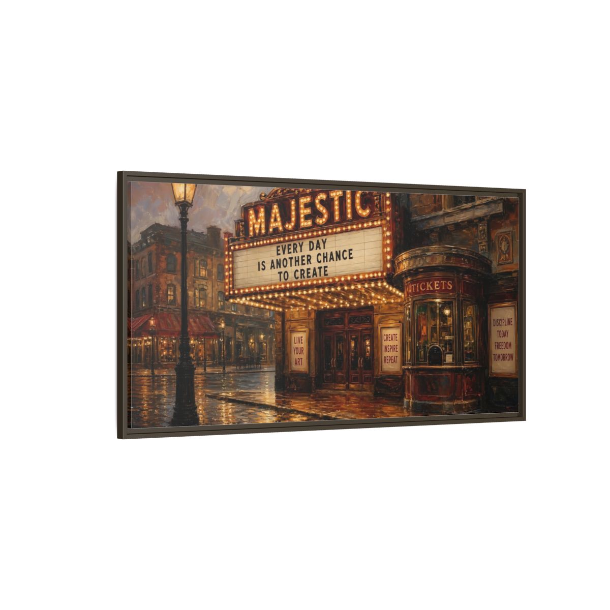Side Mockup 4. Majestic Theater At Dusk shown as framed canvas print