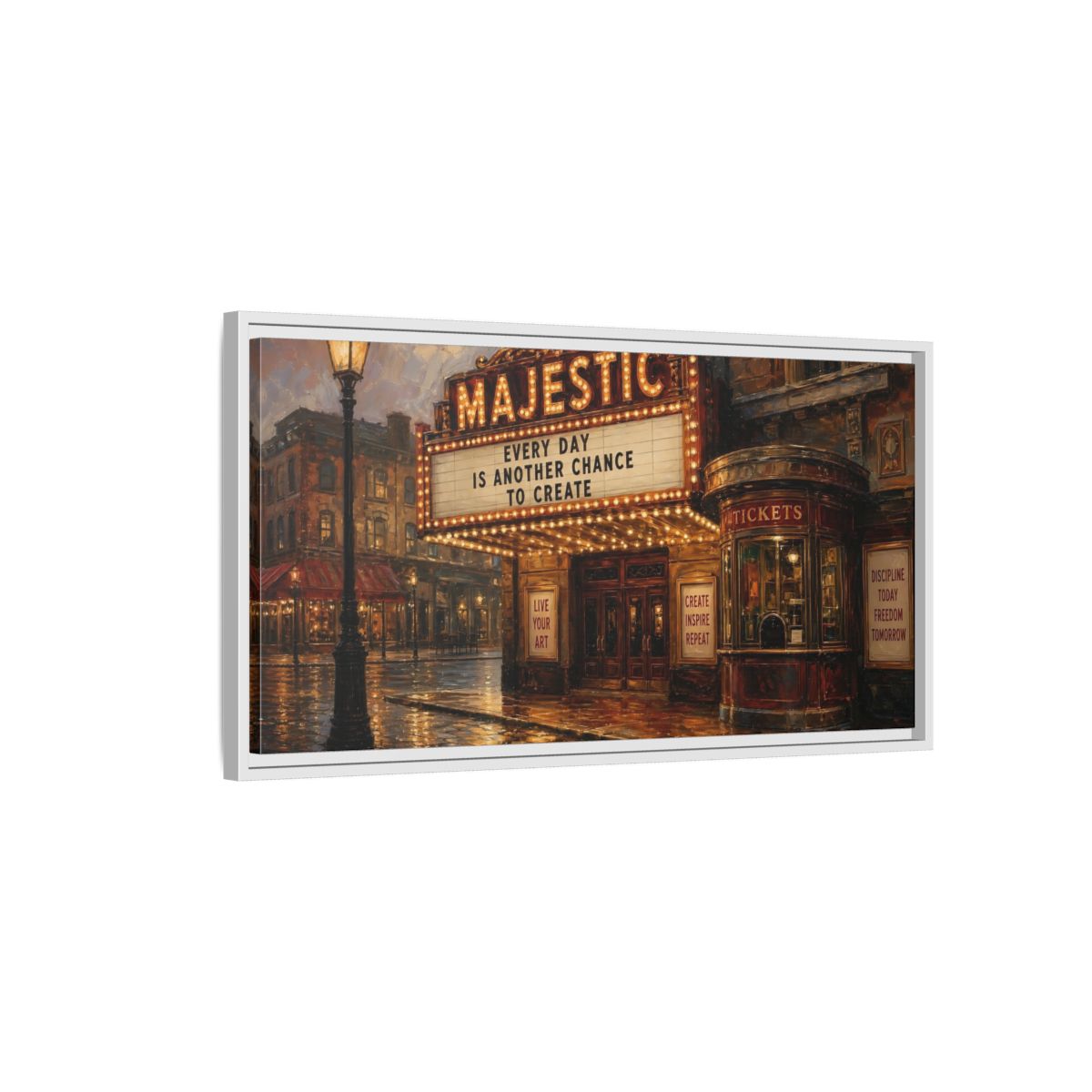 Side Mockup 1. Majestic Theater At Dusk shown as framed canvas print