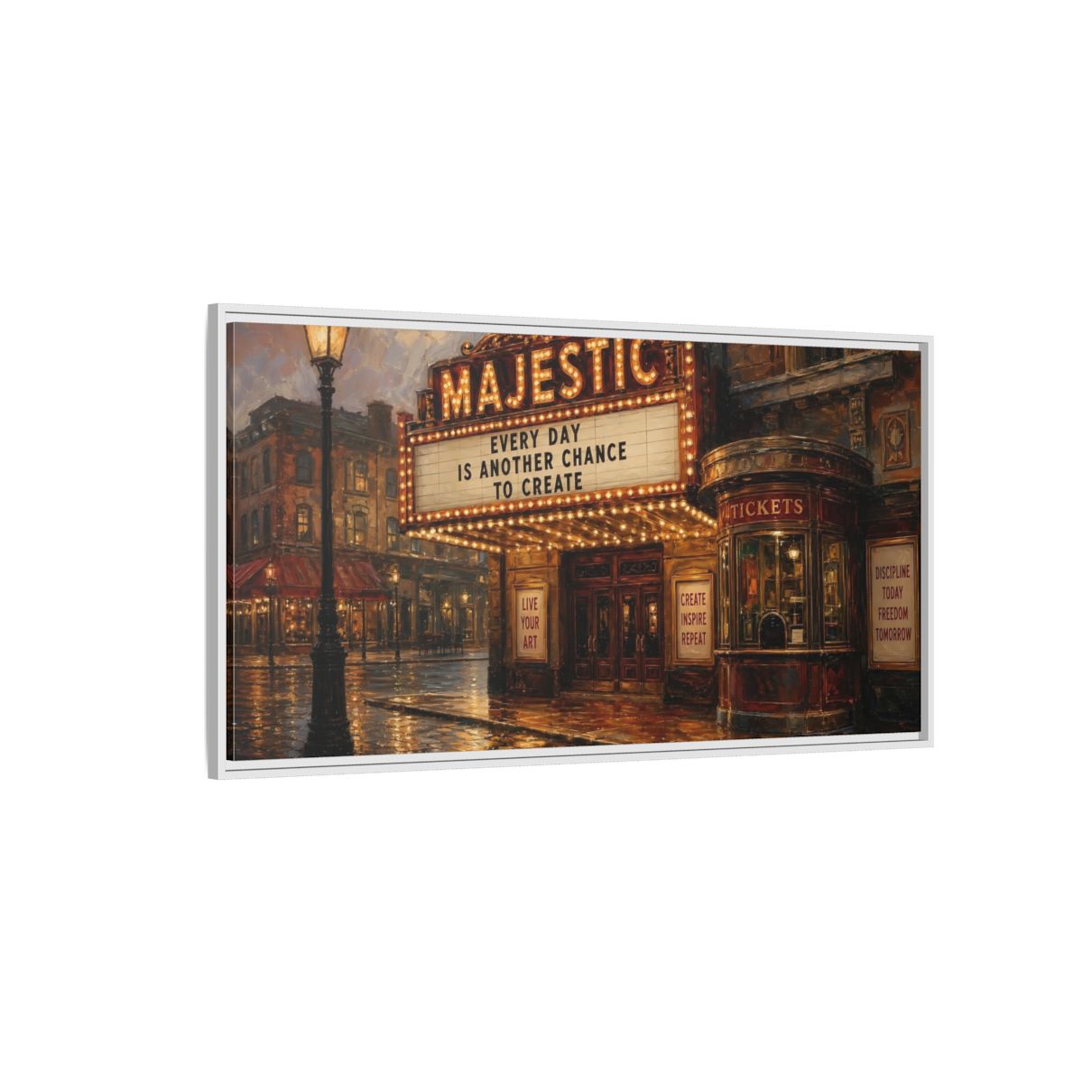 Side Mockup 3. Majestic Theater At Dusk shown as framed canvas print