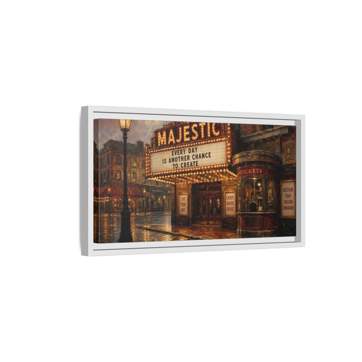 Side Mockup 6. Majestic Theater At Dusk shown as framed canvas print