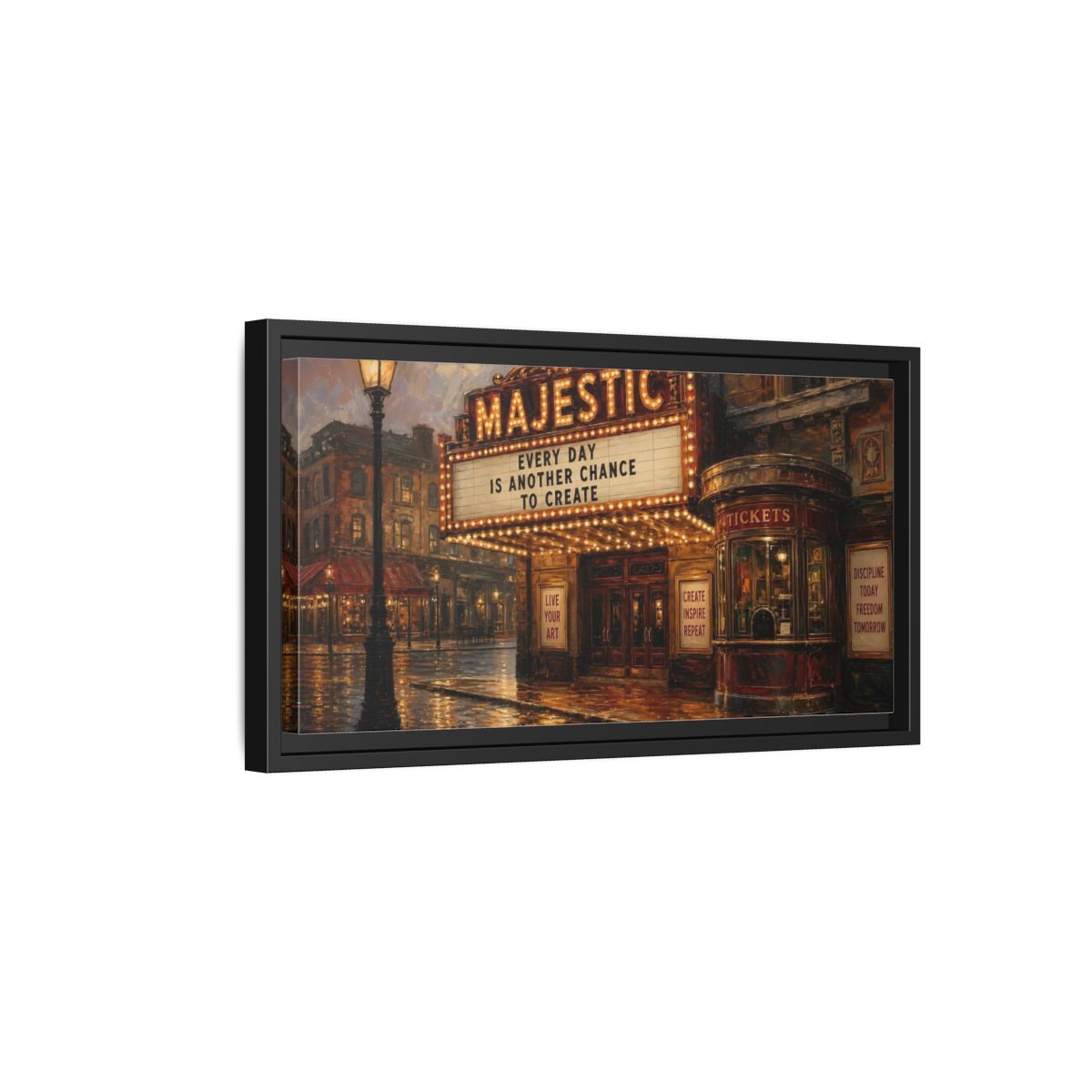 Side Mockup 8. Majestic Theater At Dusk shown as framed canvas print