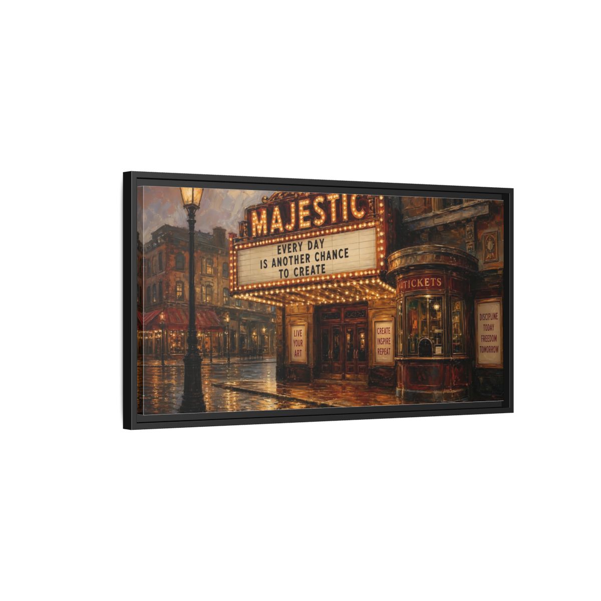 Side Mockup 2. Majestic Theater At Dusk shown as framed canvas print